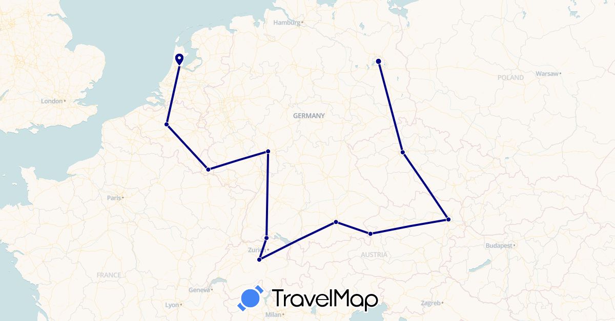 TravelMap itinerary: driving in Austria, Belgium, Switzerland, Czech Republic, Germany, Luxembourg, Netherlands (Europe)